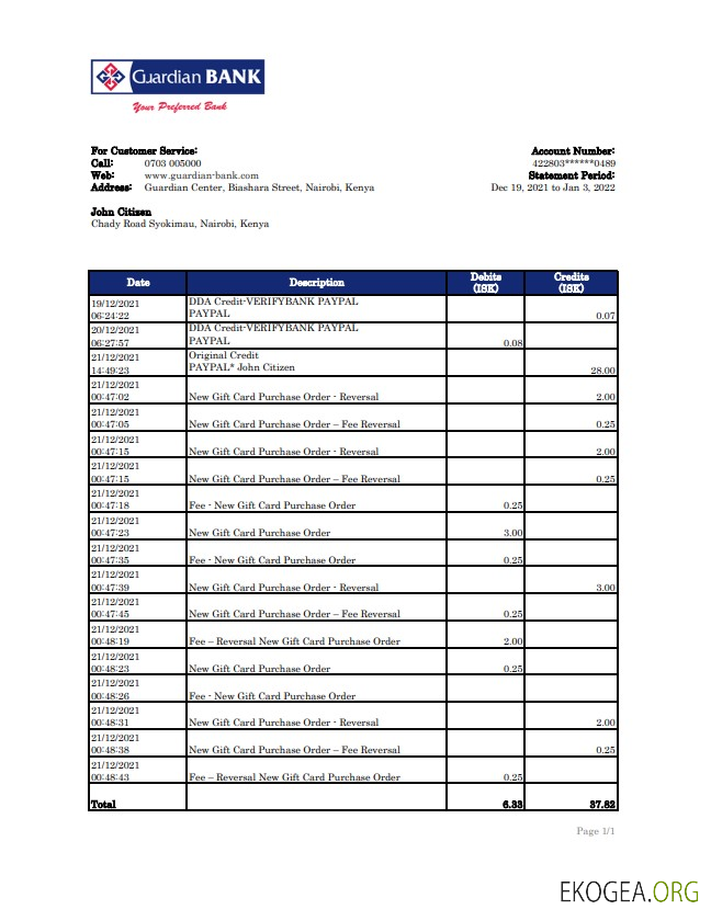 Relevé de la Kenya Guardian Bank xls